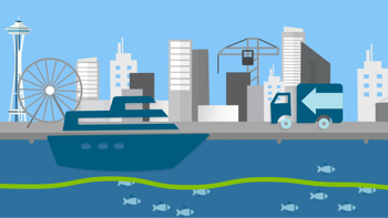 Illustration of Seattle waterfront with skyline and a ferry