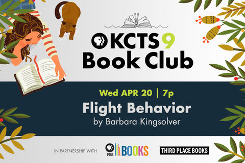 Cartoon graphic of a girl lying on the floor reading a book with a cat beside her. There is also foliage around the edges of the graphic. The KCTS 9 book club logo appears at the top, with the date, time, book selection and author below. Text at the bottom reads: "In collaboration with" which is followed by logos for Third Place Books, PBS Books at the bottom.