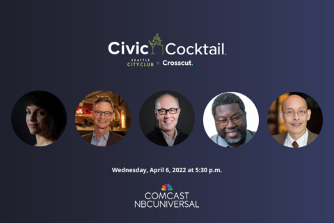 Civic Cocktail logo, headshots of speakers and moderator, date and time of event, sponsor (Comcast NBC Universal) logo
