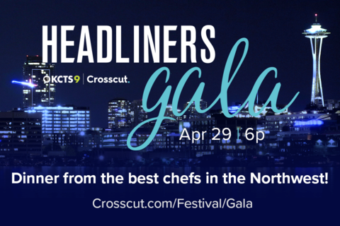 Image of the words "Headliners Gala" against a dark blue backdrop and image of the downtown Seattle skyline.
